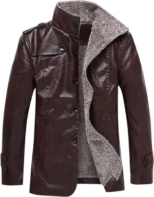 Mens Faux Leather Jacket, Fleece Lined Sherpa Fall Winter Warmer Windbreaker, Motorcycle Biker Bomber Coat Outwear