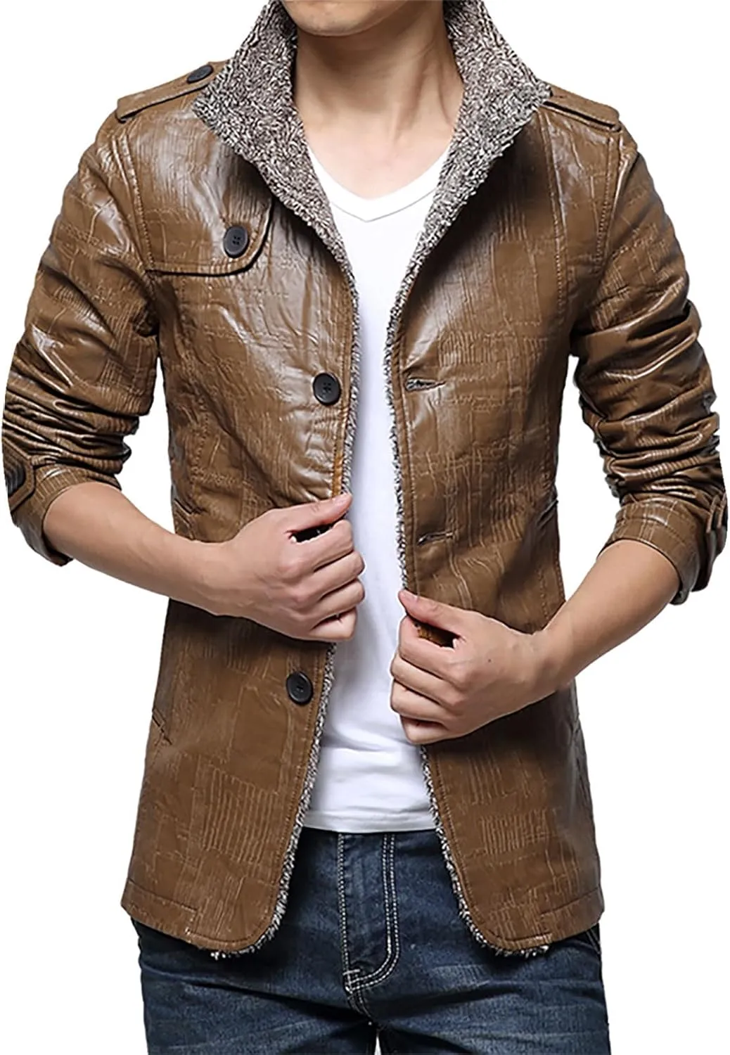 Mens Faux Leather Jacket, Fleece Lined Sherpa Fall Winter Warmer Windbreaker, Motorcycle Biker Bomber Coat Outwear