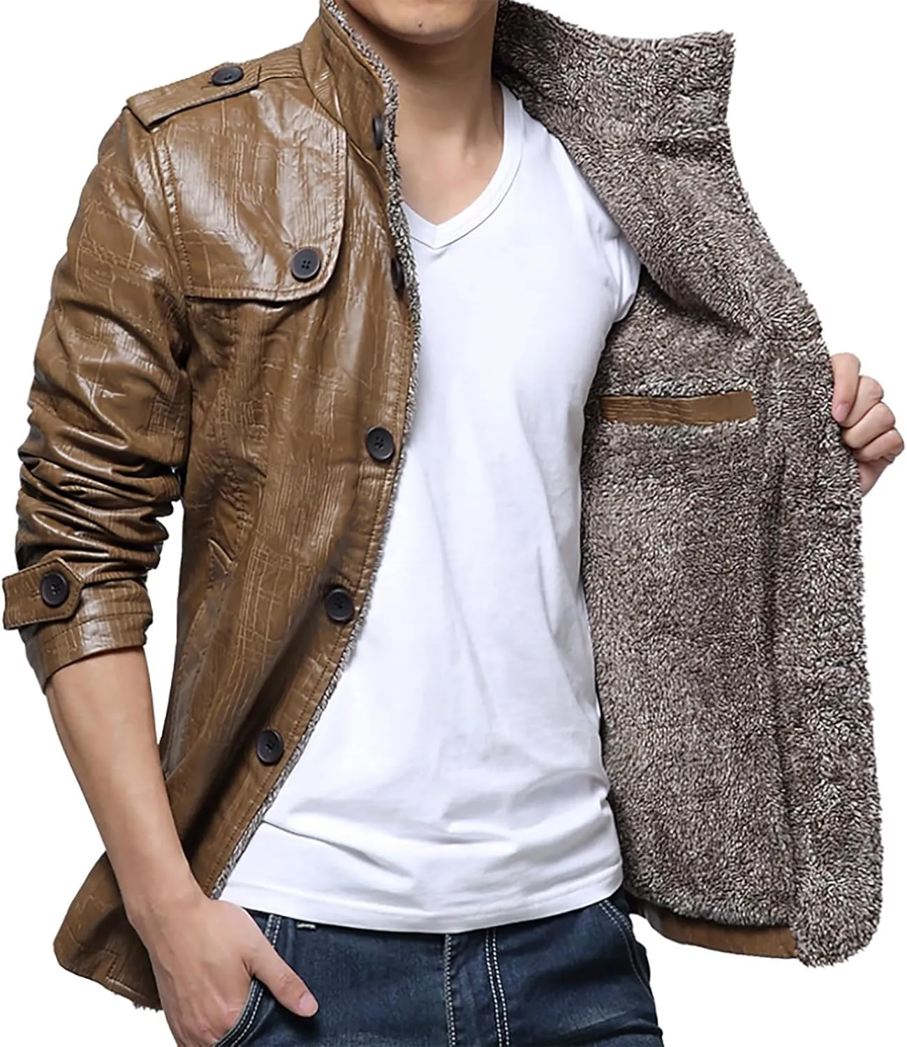 Mens Faux Leather Jacket, Fleece Lined Sherpa Fall Winter Warmer Windbreaker, Motorcycle Biker Bomber Coat Outwear