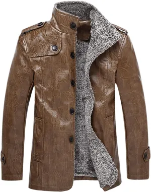 Mens Faux Leather Jacket, Fleece Lined Sherpa Fall Winter Warmer Windbreaker, Motorcycle Biker Bomber Coat Outwear