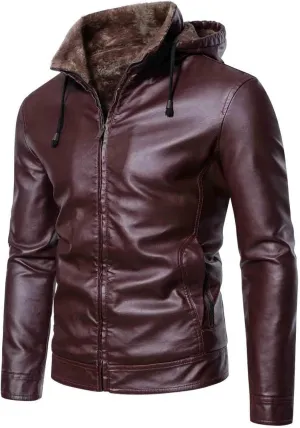 Men's Faux Leather Jacket Warm Fleece Lined Hooded Bomber Jacket Sherpa Causal Thicken Outdoor Biker Jacket Outerwear