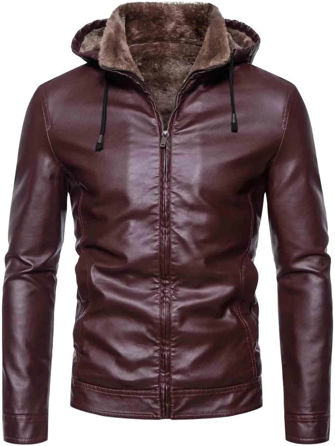 Men's Faux Leather Jacket Warm Fleece Lined Hooded Bomber Jacket Sherpa Causal Thicken Outdoor Biker Jacket Outerwear