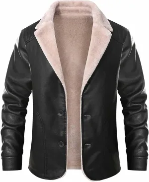 Men's Faux Leather Trucker Jackets Winter Sherpa Lined Bomber Jacket Lapel Collar Warm Causal Thick Motorcycle Coat
