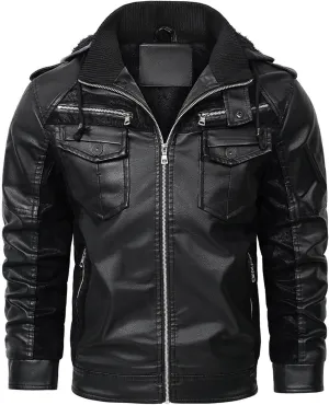 Men's Faux Leather Winter Coat Warm Fleece Lined Hooded Motorcycle Bomber Jacket PU Biker Hoodie Outerwear Coats