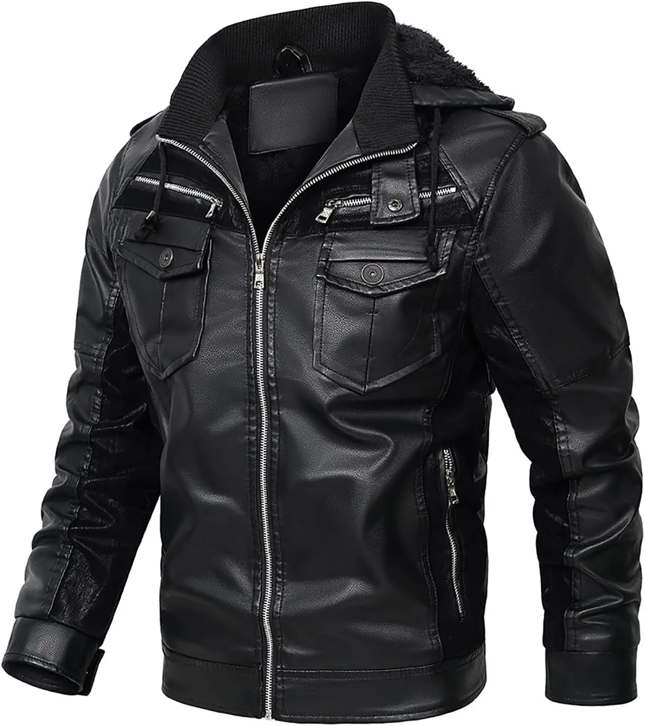 Men's Faux Leather Winter Coat Warm Fleece Lined Hooded Motorcycle Bomber Jacket PU Biker Hoodie Outerwear Coats