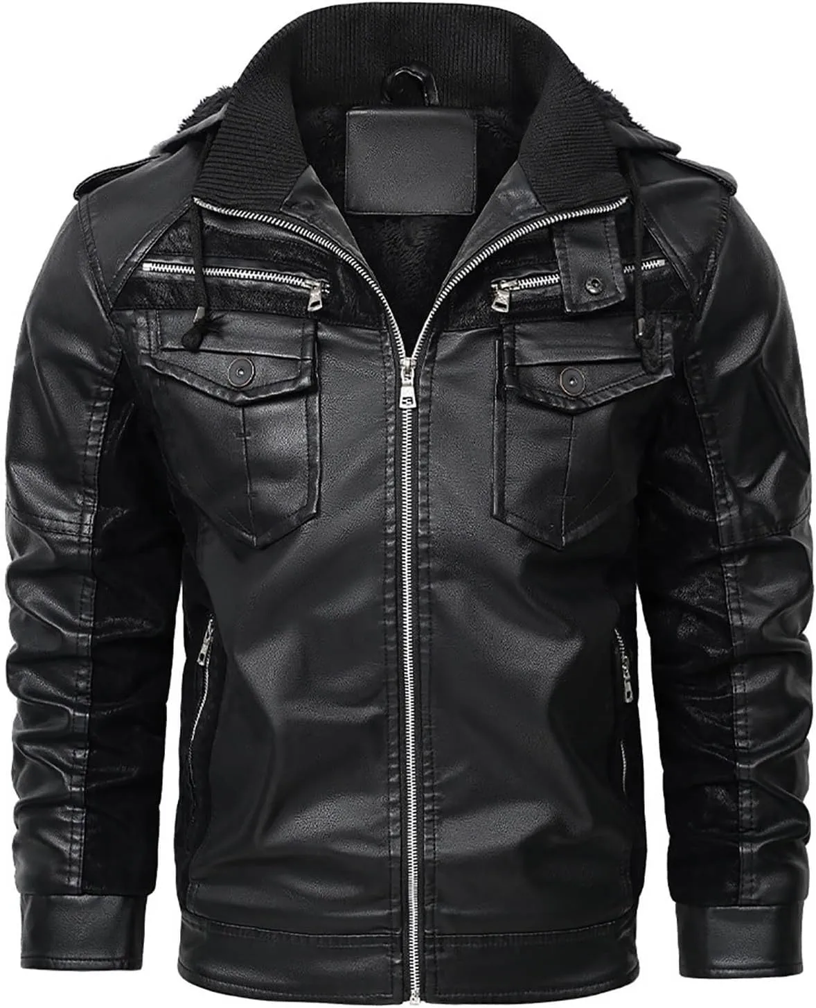 Men's Faux Leather Winter Coat Warm Fleece Lined Hooded Motorcycle Bomber Jacket PU Biker Hoodie Outerwear Coats