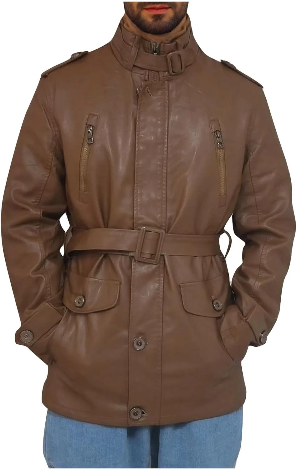Mens Faux Pu Leather Trench Coat Sherpa Lined Warm Windproof Overcoat Motorcycle Zipper Bomber Jacket Coat Outwear