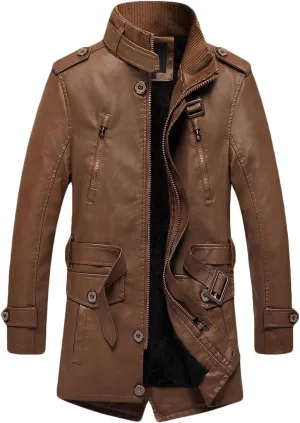 Mens Faux Pu Leather Trench Coat Sherpa Lined Warm Windproof Overcoat Motorcycle Zipper Bomber Jacket Coat Outwear