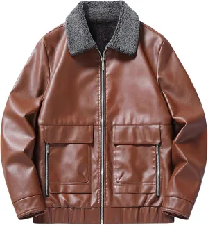 Men’s Fleece Lined Bomber Jacket Faux Leather Causal Autumn Winter Moto Coat Zipper Winter Warm Sherpa Outerwear