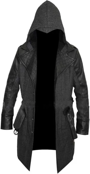 Mens Hooded Costume Black Trench Cosplay Wool PU Leather Coat