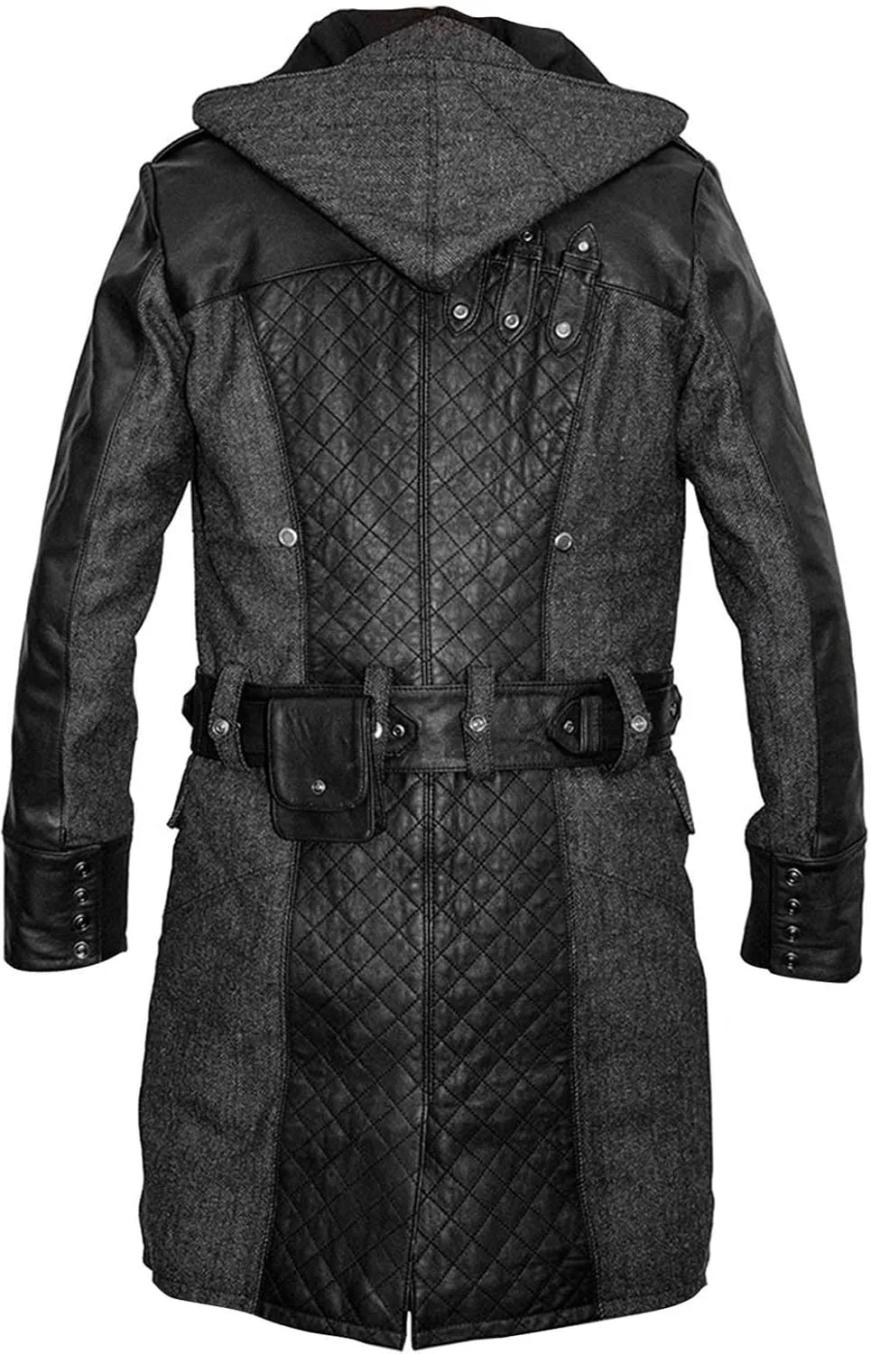 Mens Hooded Costume Black Trench Cosplay Wool PU Leather Coat