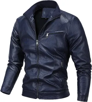 Men's Leather Jacket Stand Collar Faux Biker Vintage Motorcycle Outwear Long Sleeve Waterproof Distressed Zip Jackets