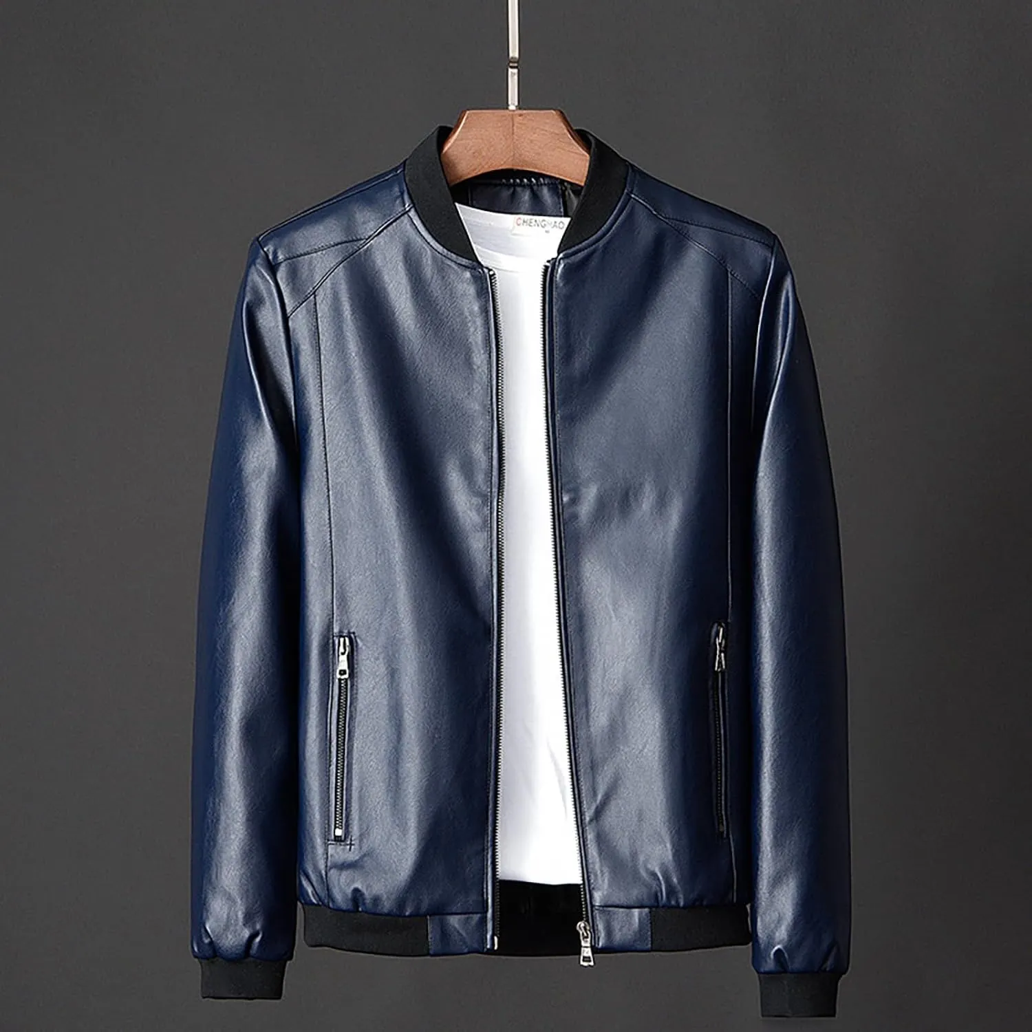 Men's Leather Jacket Stand Collar Faux Biker Vintage Motorcycle Outwear Long Sleeve Waterproof Distressed Zip Jackets