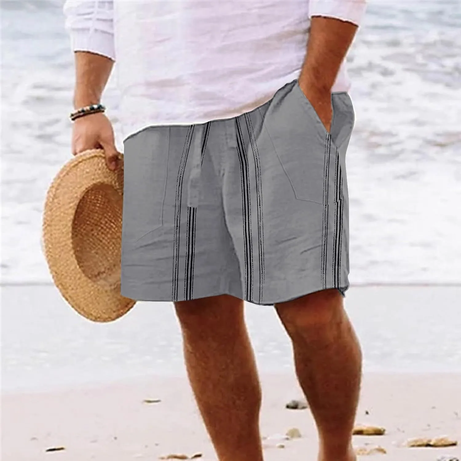 Men's Linen Shorts 2025 Summer Hawaii Travel Holiday Beach Pants Casual Elastic Waist Drawstring Clothes with Pockets