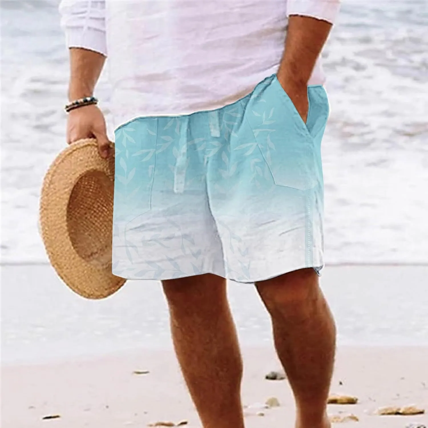Men's Linen Shorts 2025 Summer Hawaii Travel Holiday Beach Pants Casual Elastic Waist Drawstring Clothes with Pockets