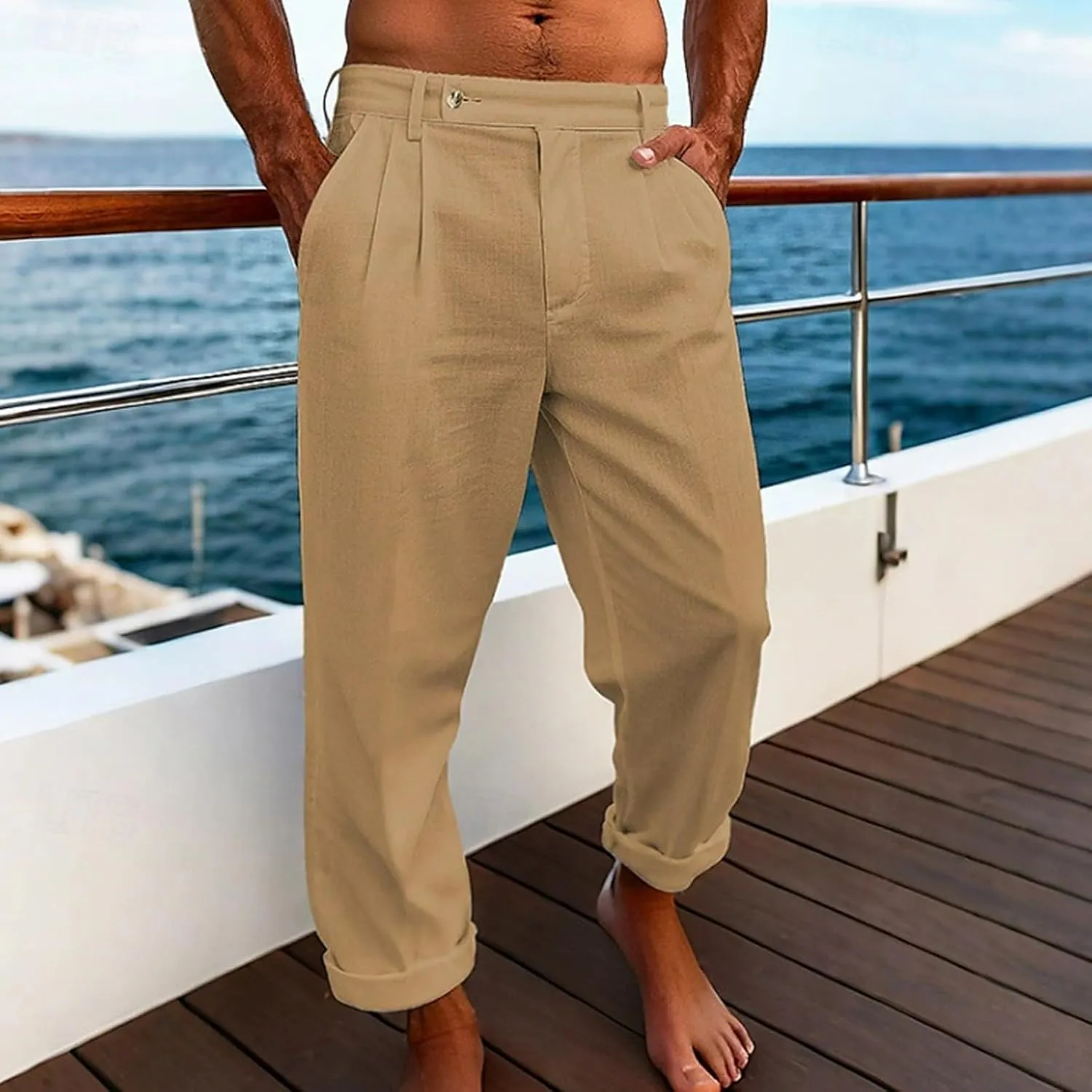 Men's Loose Dress Pants Wrinkle Free Straight Leg Summer Office Long Pant Soft Classic Fit Wide Beach Yoga Trousers