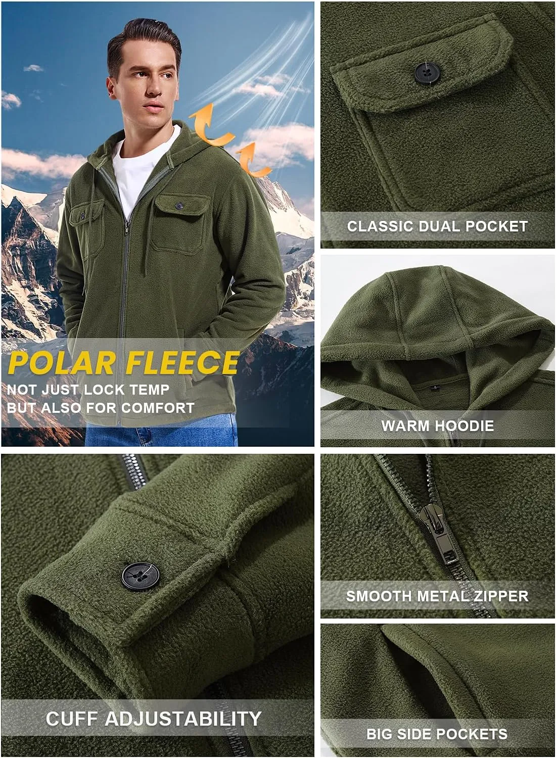 Men's Polar Fleece Jacket Zip Up Hoodies Long Sleeve Casual Soft Outdoor Jacket for Men