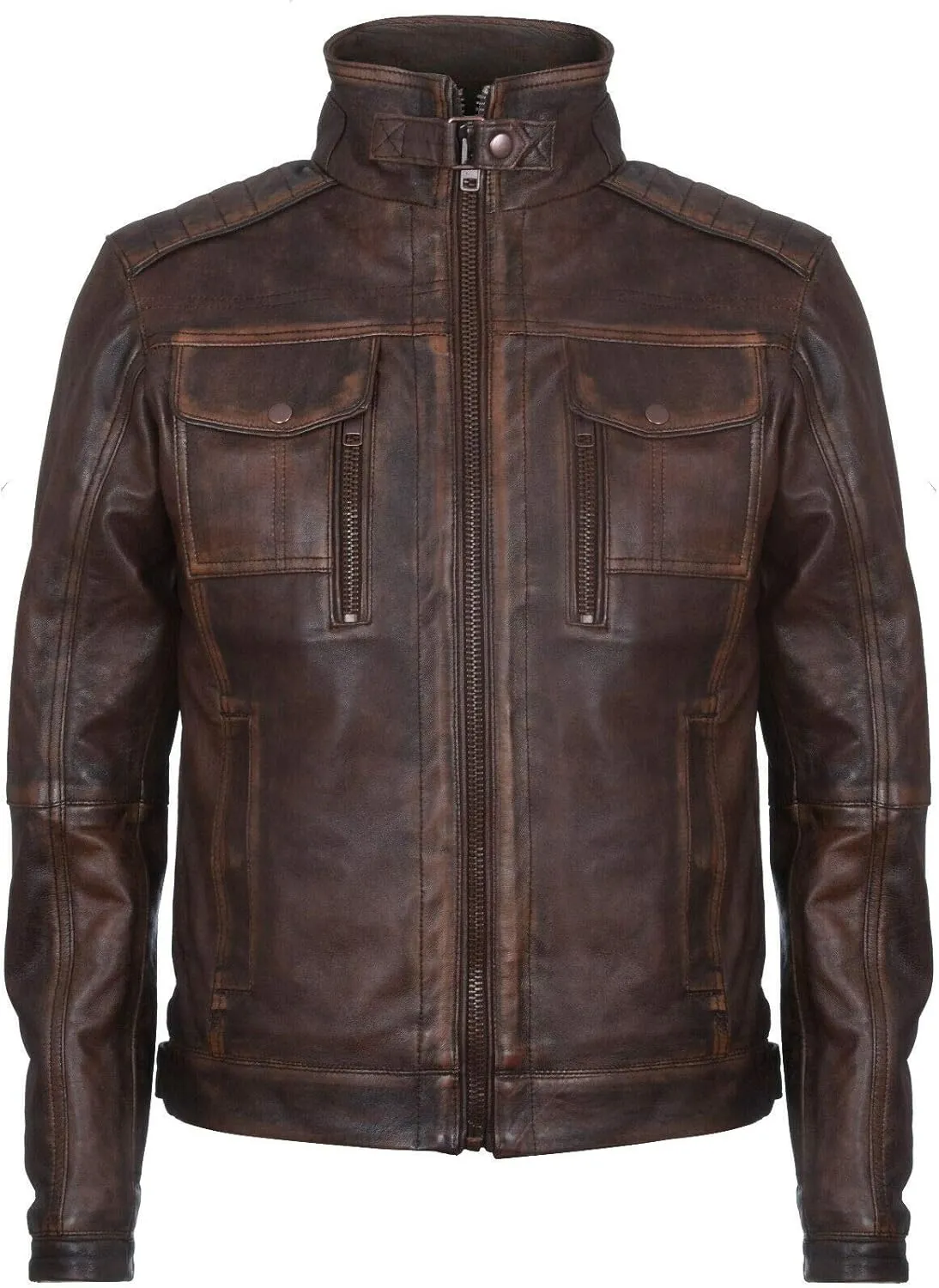 Men's Racer Vintage100% Leather Retro Biker Jacket Distressed Motorcycle