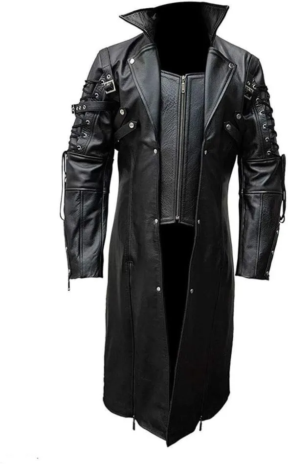 Mens Real Leather Coat Goth Matrix Trench Coat Gothic Steampunk Coats