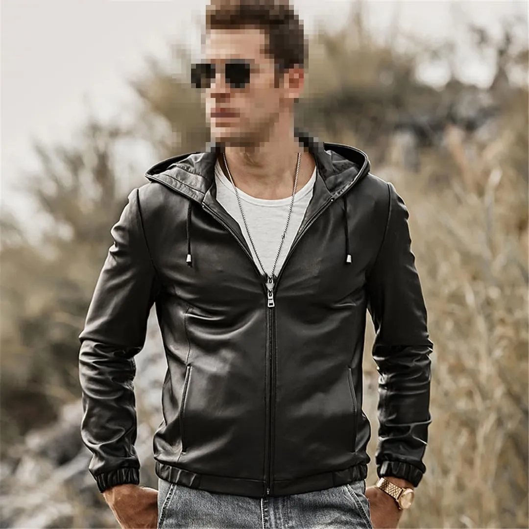 Men's Real Leather Jacket Hoodie Lambskin Genuine Nappa Leather Coat with Hood