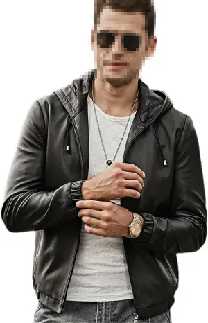 Men's Real Leather Jacket Hoodie Lambskin Genuine Nappa Leather Coat with Hood