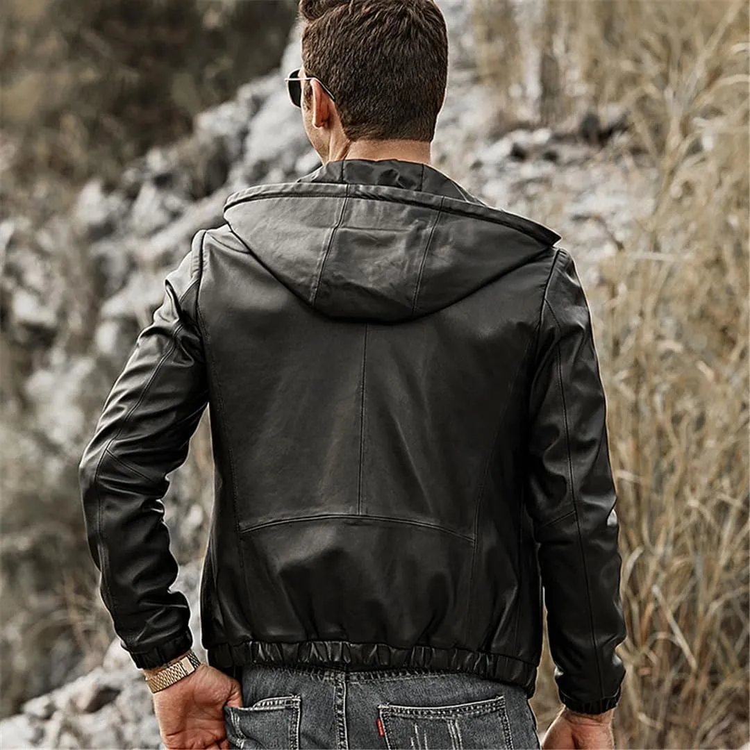 Men's Real Leather Jacket Hoodie Lambskin Genuine Nappa Leather Coat with Hood