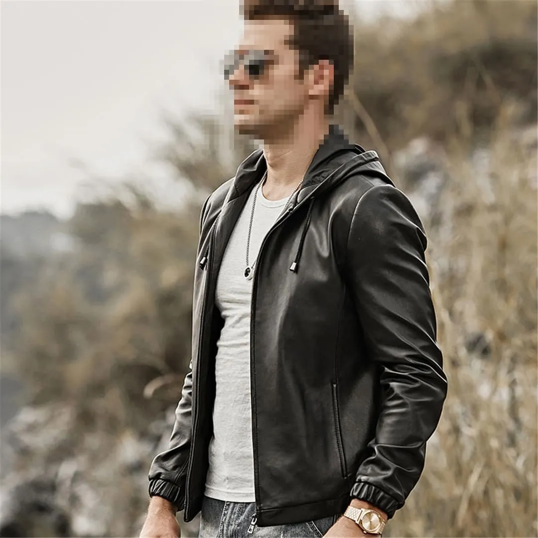 Men's Real Leather Jacket Hoodie Lambskin Genuine Nappa Leather Coat with Hood
