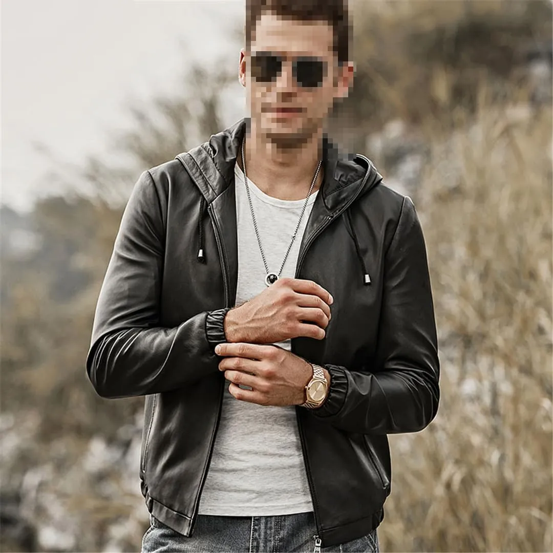 Men's Real Leather Jacket Hoodie Lambskin Genuine Nappa Leather Coat with Hood