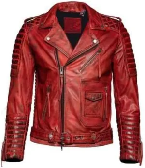 Mens Red Lambskin Leather Jacket Distressed Quilted Slim Fit Moto Biker Jacket