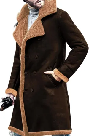 Mens Shearling Leather Coat Genuine Sheepskin Leather Coat with Artificial Fur Bomber Leather Coat Aviator Coat