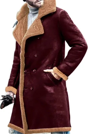 Mens Shearling Leather Coat Genuine Sheepskin Leather Coat with Artificial Fur Bomber Leather Coat Aviator Coat