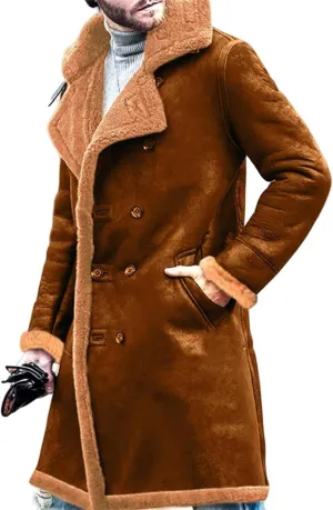 Mens Shearling Leather Coat Genuine Sheepskin Leather Coat with Artificial Fur Bomber Leather Coat Aviator Coat