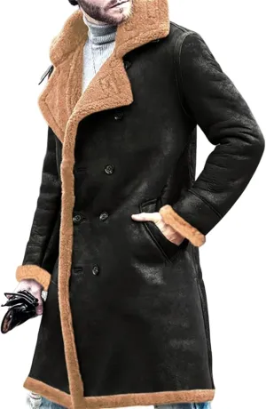 Mens Shearling Leather Coat Genuine Sheepskin Leather Coat with Artificial Fur Bomber Leather Coat Aviator Coat