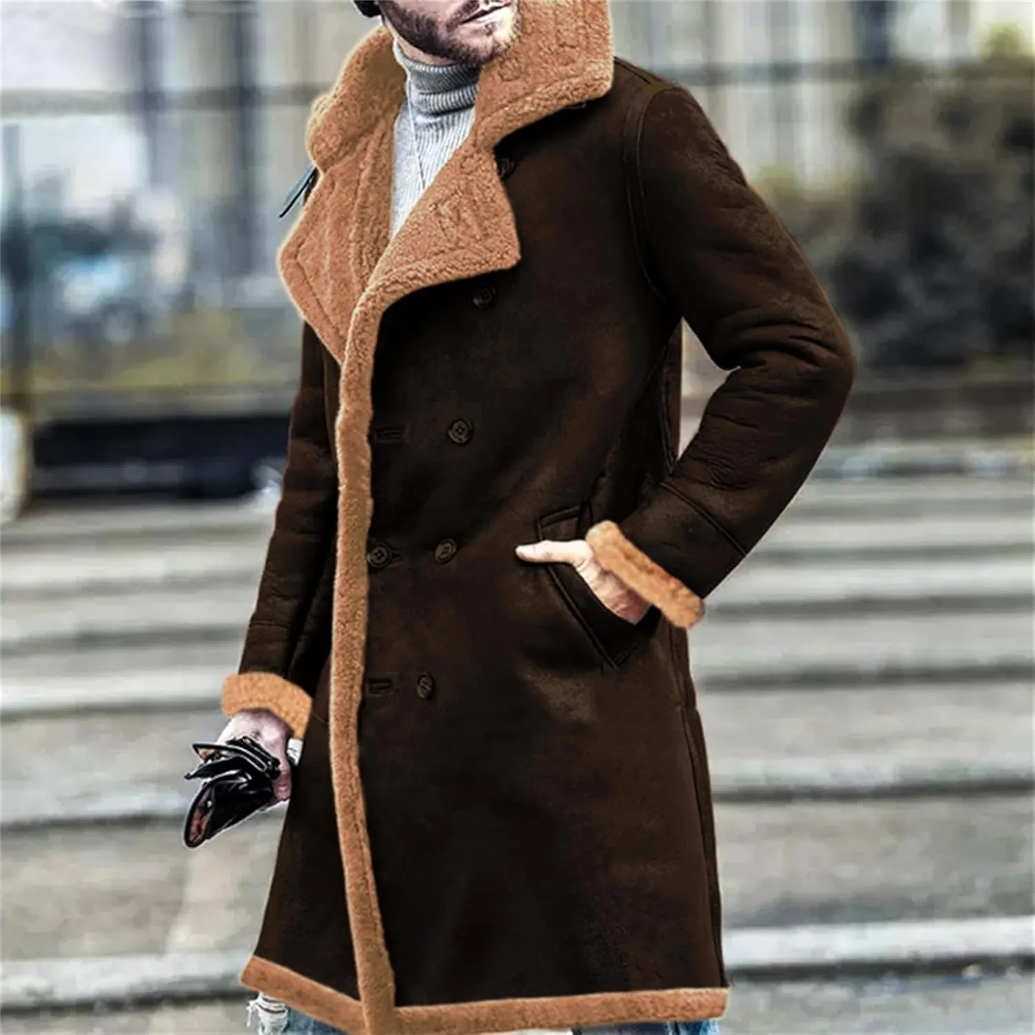 Mens Shearling Leather Coat Genuine Sheepskin Leather Coat with Artificial Fur Bomber Leather Coat Aviator Coat