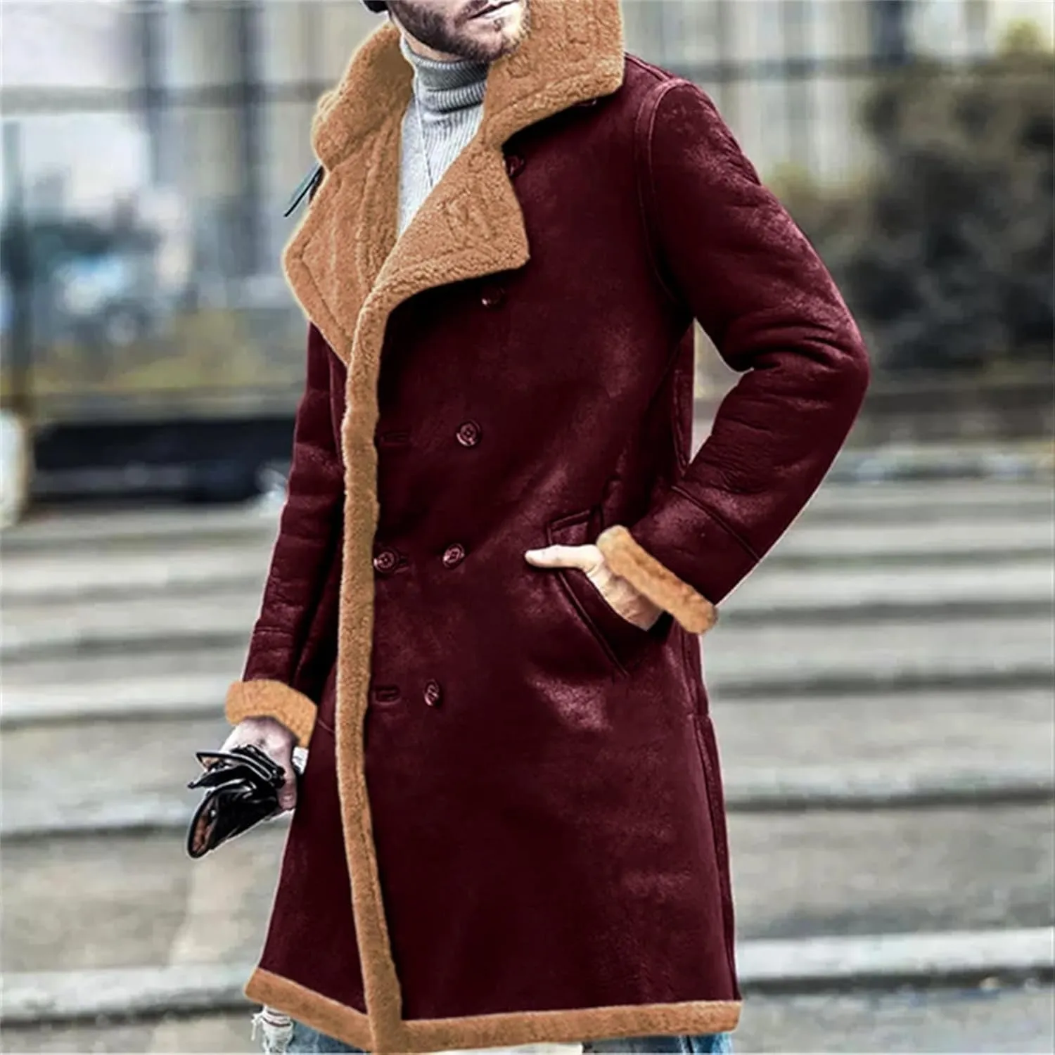 Mens Shearling Leather Coat Genuine Sheepskin Leather Coat with Artificial Fur Bomber Leather Coat Aviator Coat