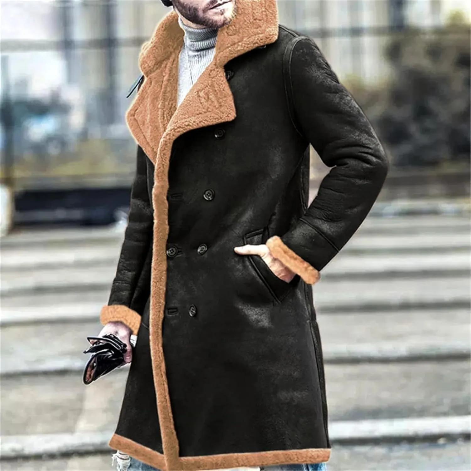 Mens Shearling Leather Coat Genuine Sheepskin Leather Coat with Artificial Fur Bomber Leather Coat Aviator Coat
