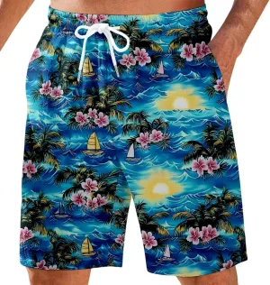 Mens Shorts Summer Hawaii Printed Elastic Waist Drawstring Casual Pants Baggy Lightweight Boho Beach Shorts Plus Size