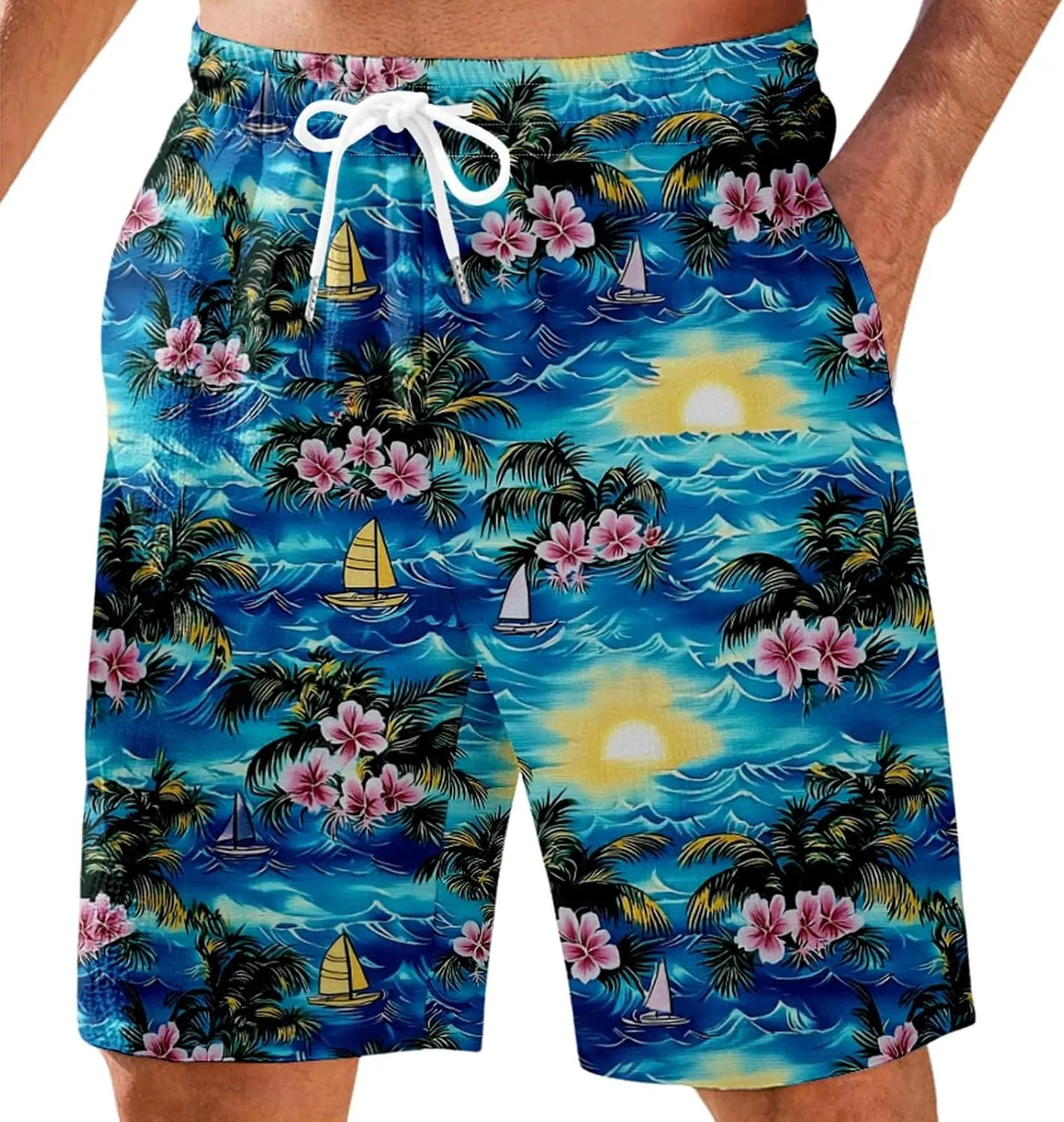 Mens Shorts Summer Hawaii Printed Elastic Waist Drawstring Casual Pants Baggy Lightweight Boho Beach Shorts Plus Size