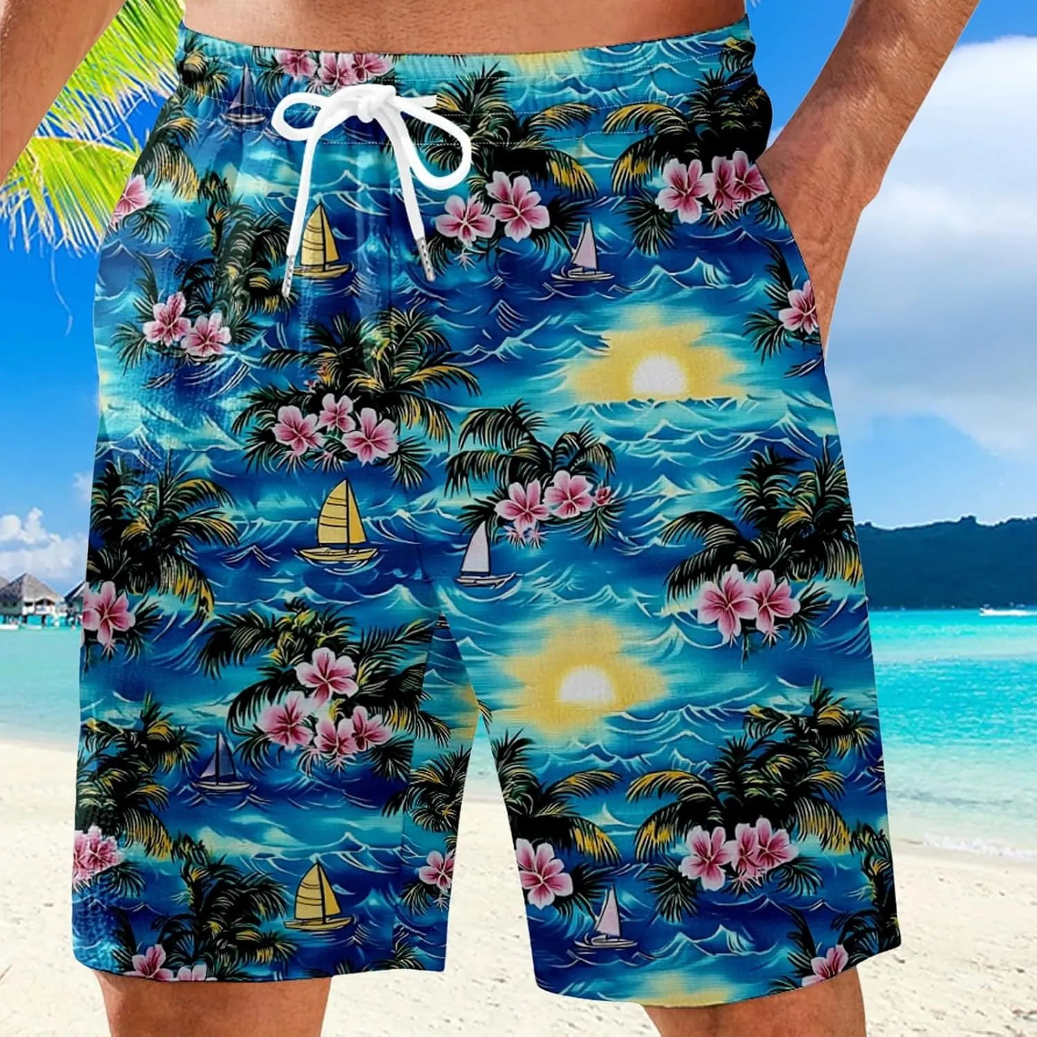 Mens Shorts Summer Hawaii Printed Elastic Waist Drawstring Casual Pants Baggy Lightweight Boho Beach Shorts Plus Size