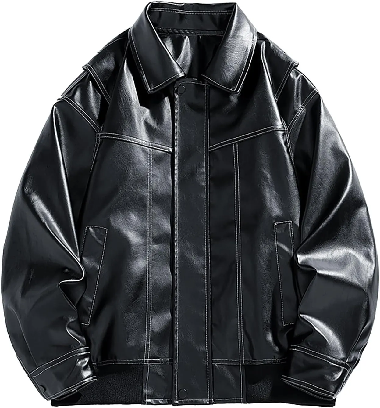 Men's Solid Color Long Sleeve PU Leather Jacket Casual Stand Collar Pu Faux Zip-Up Motorcycle Biker Bomber Jackets