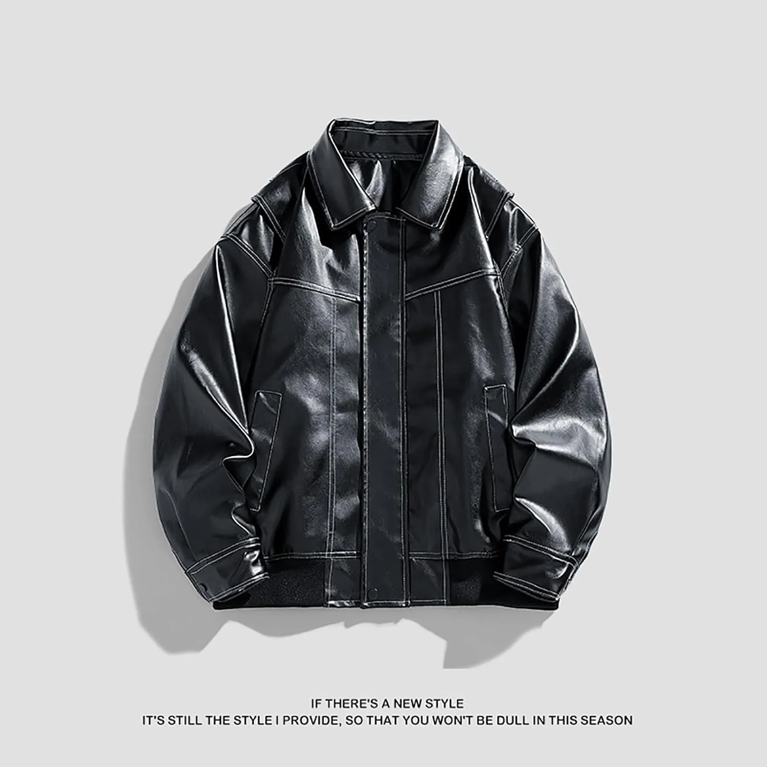 Men's Solid Color Long Sleeve PU Leather Jacket Casual Stand Collar Pu Faux Zip-Up Motorcycle Biker Bomber Jackets