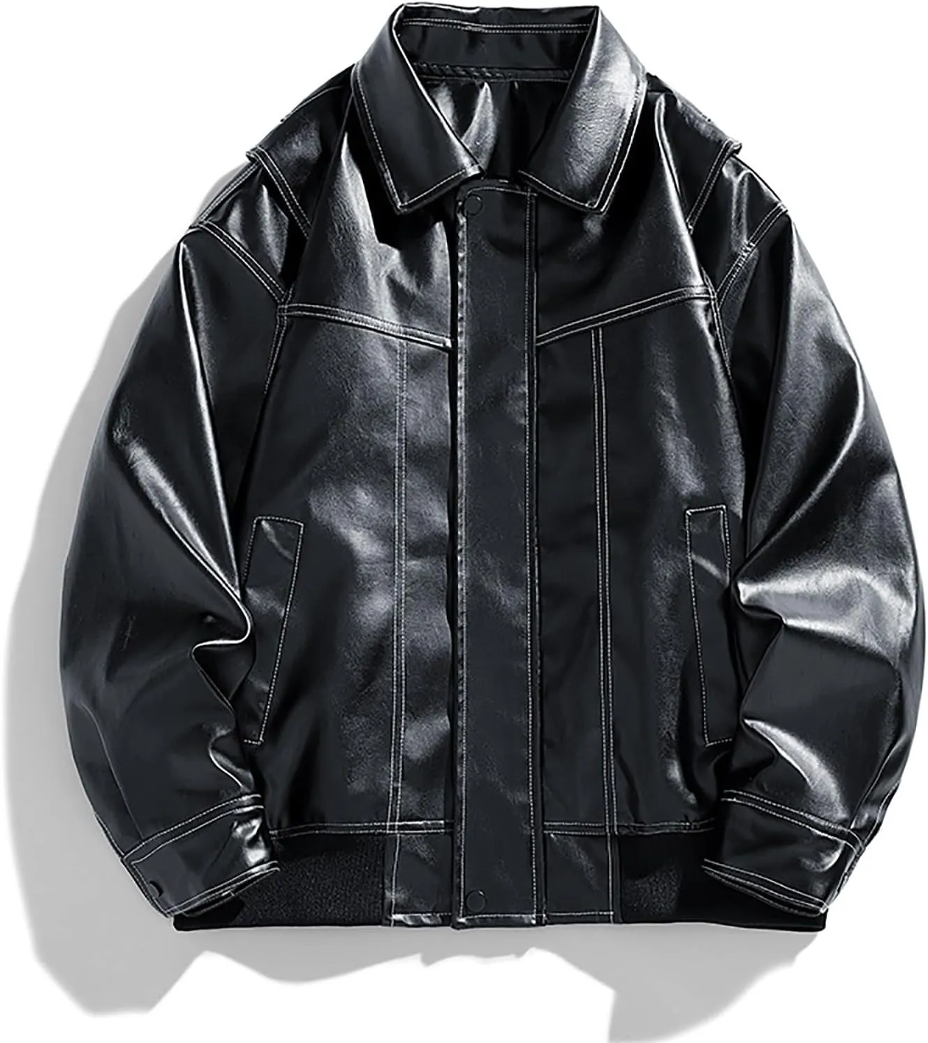Men's Solid Color Long Sleeve PU Leather Jacket Casual Stand Collar Pu Faux Zip-Up Motorcycle Biker Bomber Jackets