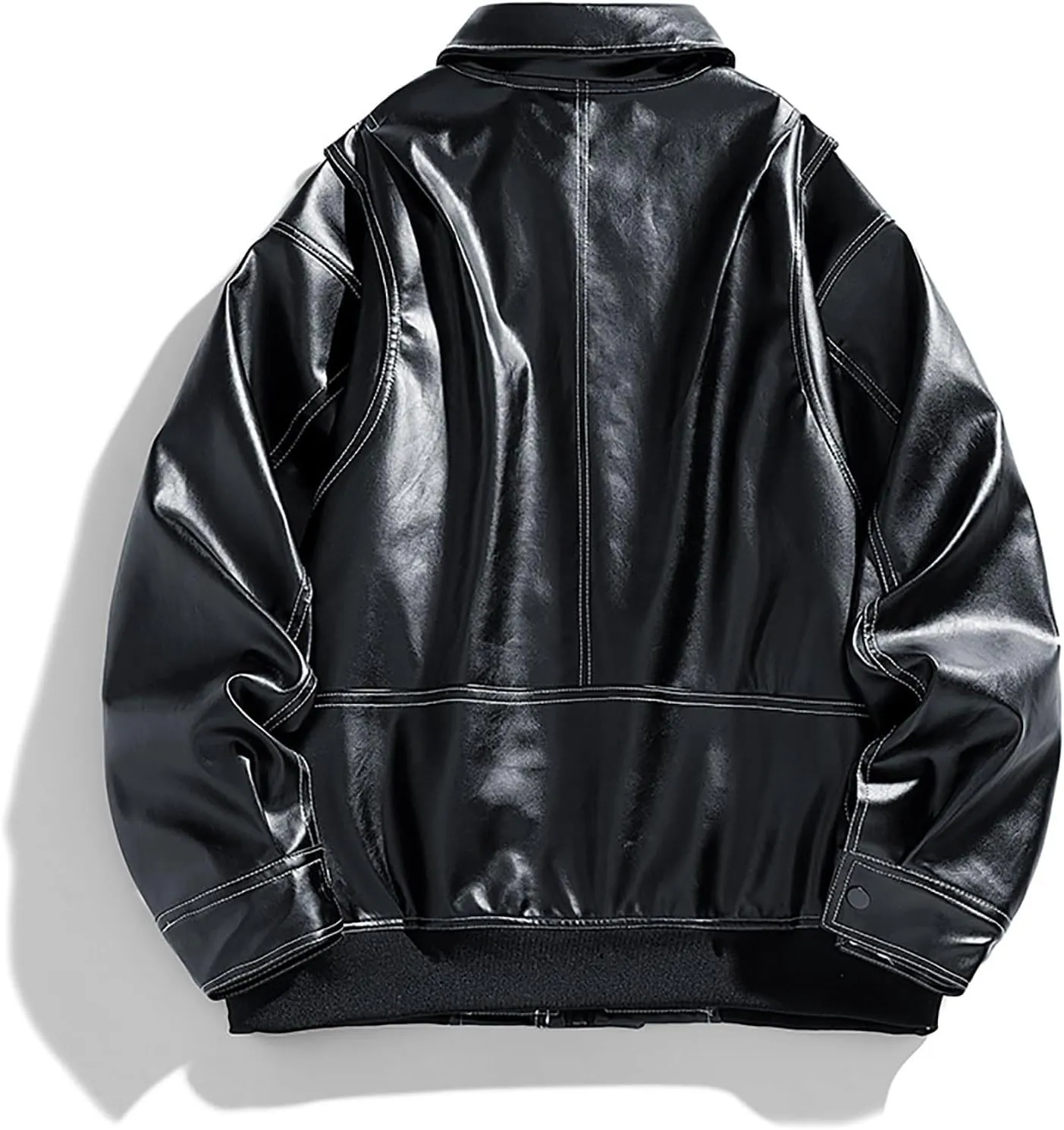 Men's Solid Color Long Sleeve PU Leather Jacket Casual Stand Collar Pu Faux Zip-Up Motorcycle Biker Bomber Jackets