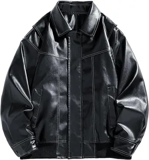 Men's Solid Color Long Sleeve PU Leather Jacket Casual Stand Collar Pu Faux Zip-Up Motorcycle Biker Bomber Jackets