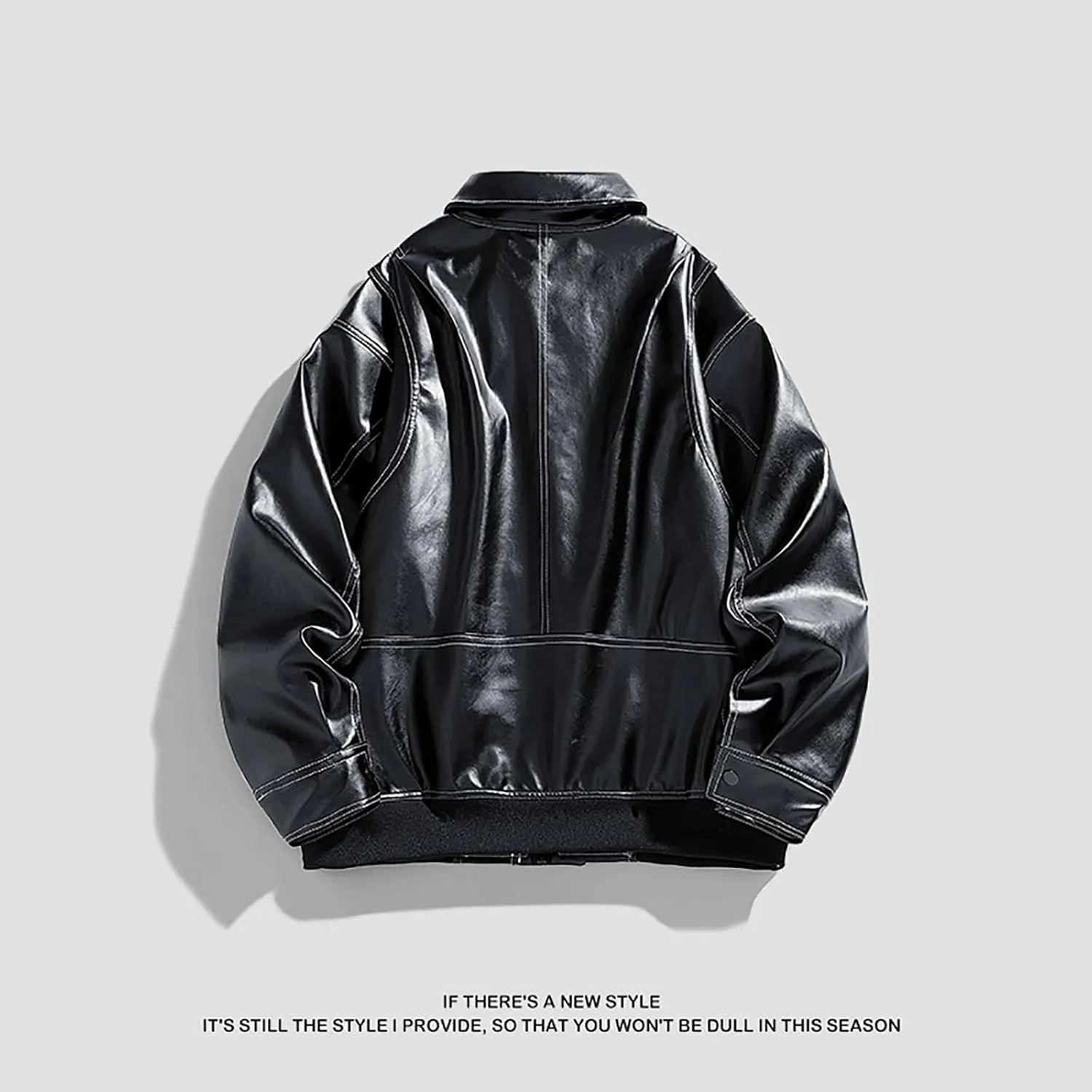 Men's Solid Color Long Sleeve PU Leather Jacket Casual Stand Collar Pu Faux Zip-Up Motorcycle Biker Bomber Jackets