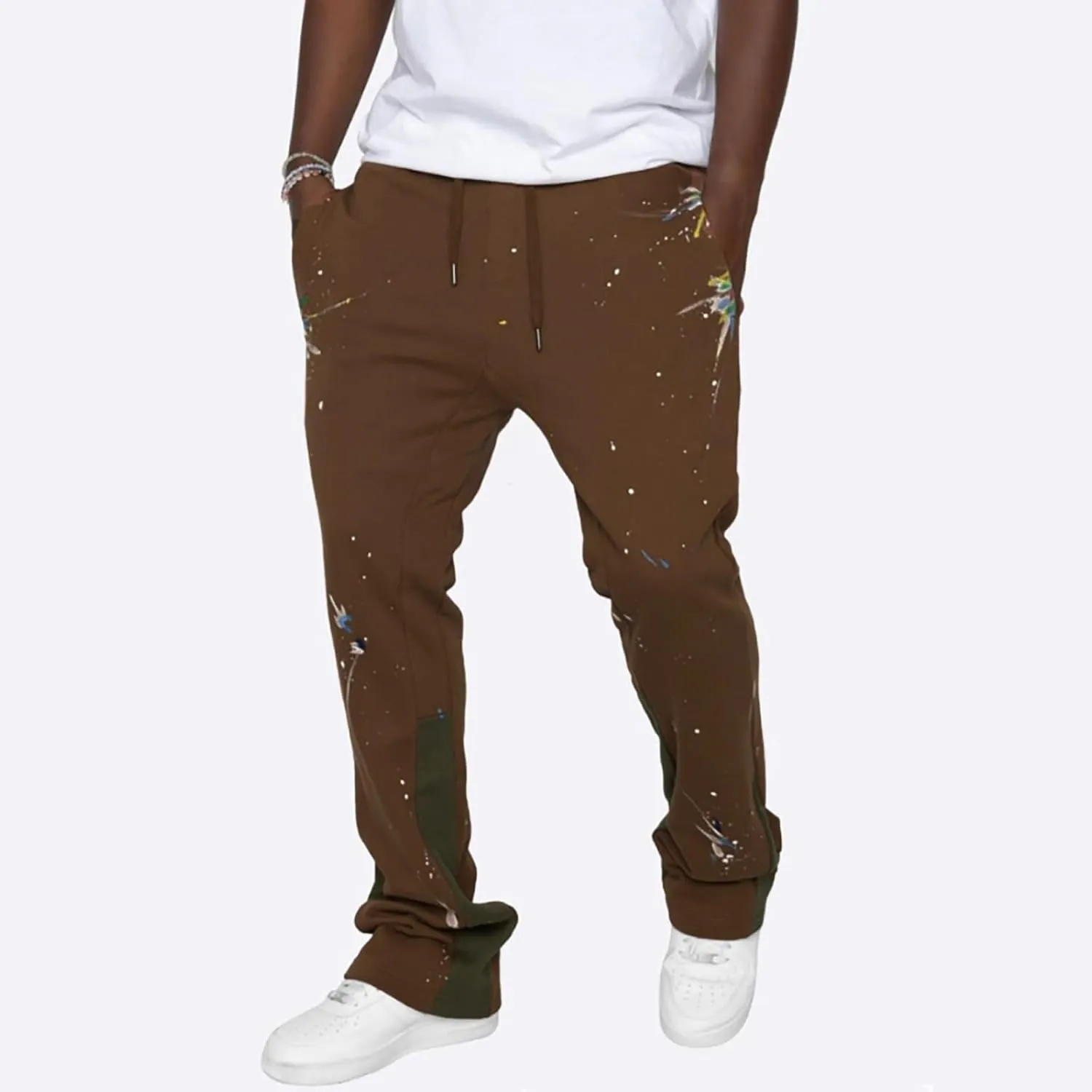Mens Stacked Flared Jogger Sweatpants Patchwork Casual Y2K Wide Leg Track Pants Hippie Printed Bell Bottom Pants