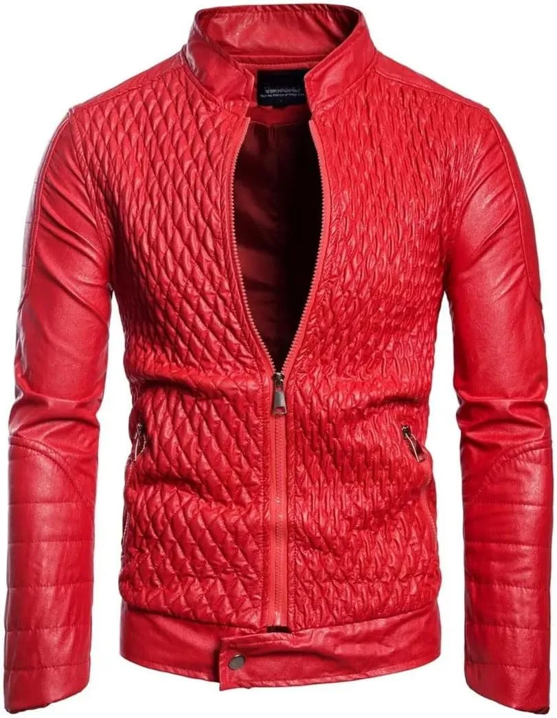 Men's Stand Collar Leather Jacket Motorcycle Leather Coat