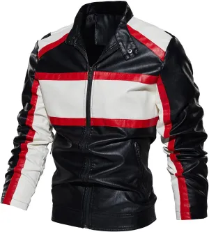Mens Stand Collar Leather Jacket Motorcycle Lightweight Biker Racing Color Block Faux Leather Bomber Casual Outwear