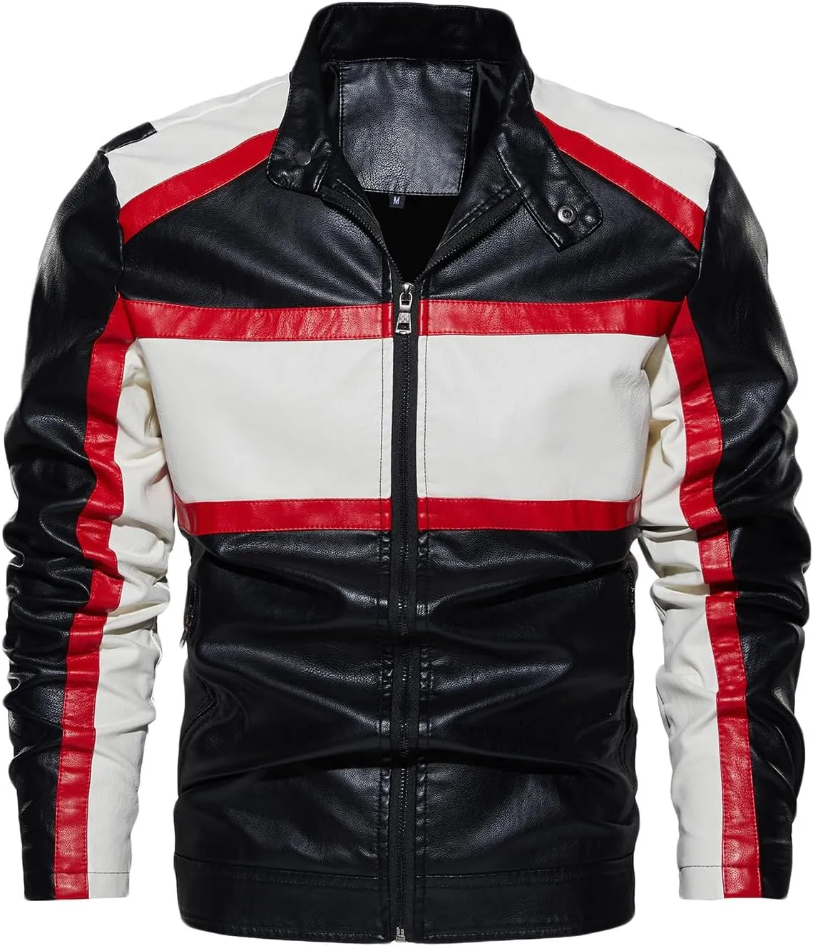 Mens Stand Collar Leather Jacket Motorcycle Lightweight Biker Racing Color Block Faux Leather Bomber Casual Outwear