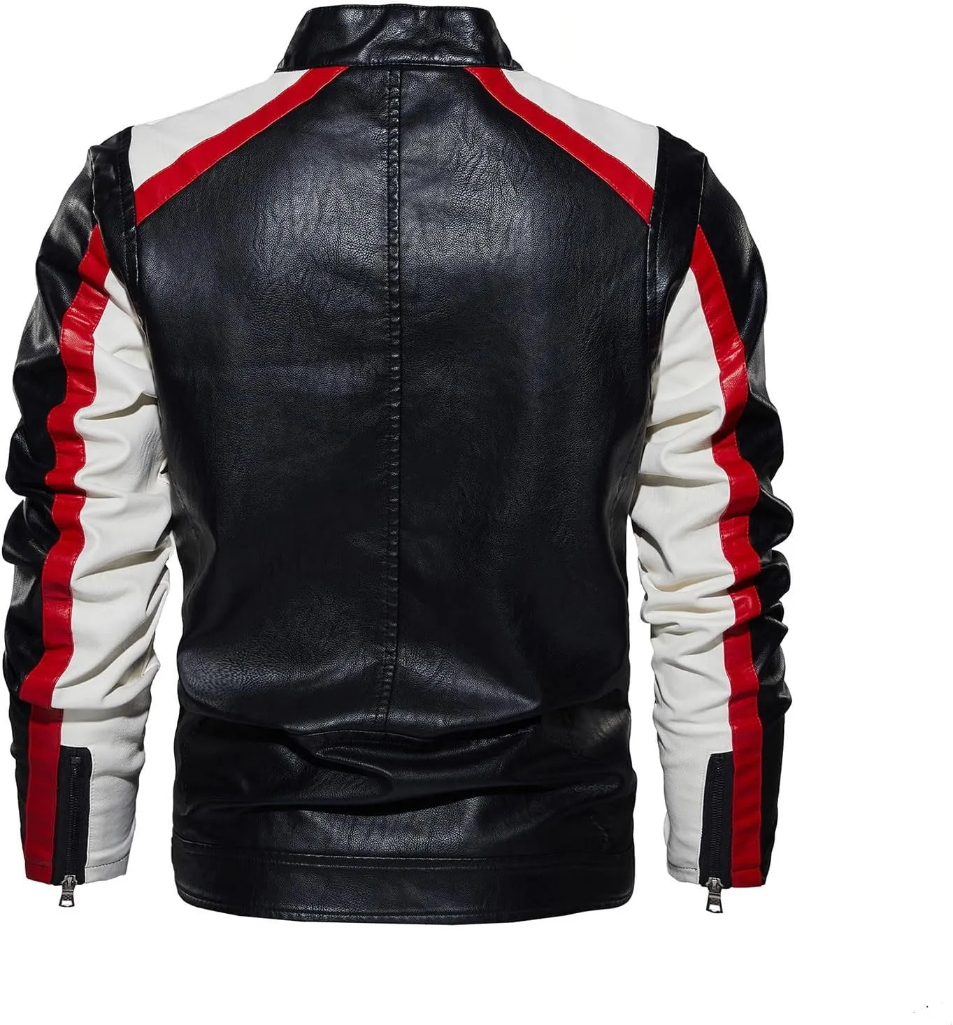 Mens Stand Collar Leather Jacket Motorcycle Lightweight Biker Racing Color Block Faux Leather Bomber Casual Outwear